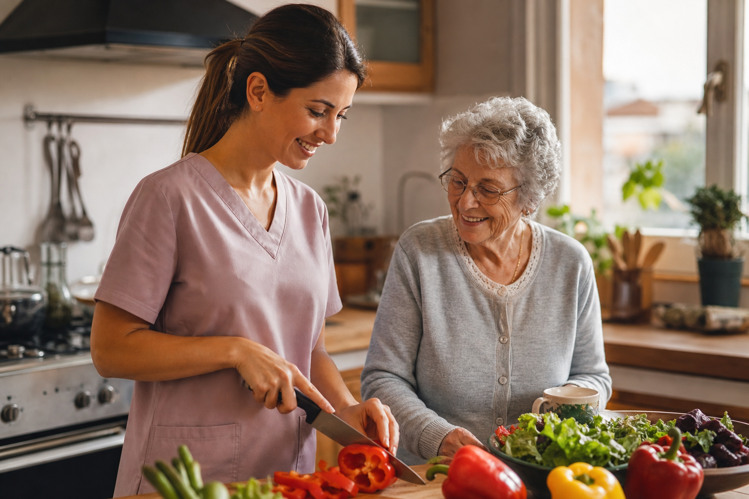 Caregiver preparing a meal at home