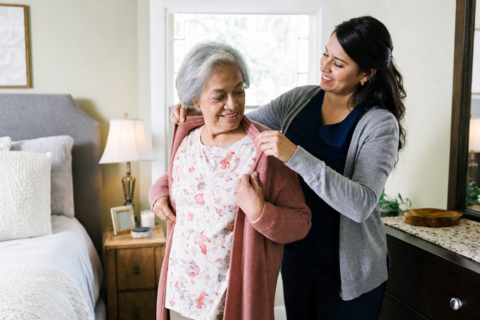 Caregiver helping with personal care and grooming